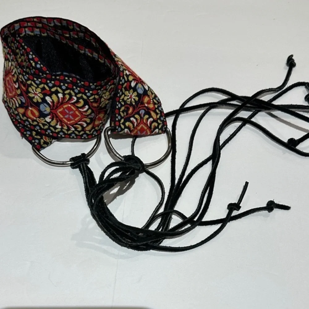 Colorful Bohemian embroidered floral Belt with Black Leather suede Ties 32-46”